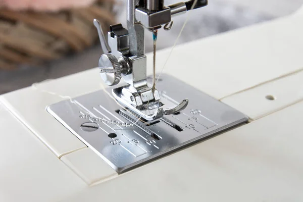 Sewing Machine Operation Different Angles Sewing Flowered Fabric Selective Focus — Stok fotoğraf