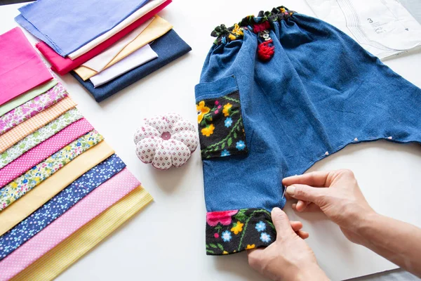 Final Touches Made Trousers Sewn Baby Boy Selective Focus Pants — Zdjęcie stockowe