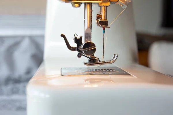 Sewing Machine Operation Different Angles Sewing Flowered Fabric Selective Focus —  Fotos de Stock