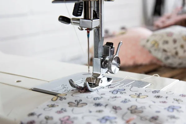 Sewing Machine Operation Different Angles Sewing Flowered Fabric Selective Focus — Stock Photo, Image