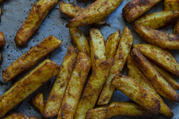 Homemade Spicy Baked Potatoes Baking Sheet Greaseproof Paper Selective Focus — Stock Photo, Image