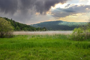 Bolu, Abant Gölü kıyısında, göl kıyısından dağ manzarası çayır ve sazlıklarla kaplı.