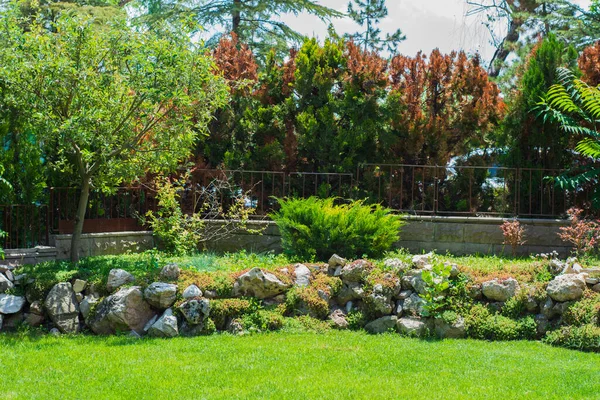 Garden Decorated Rows Large Stones Plants Surrounded Stone Wall Iron — Stock Photo, Image