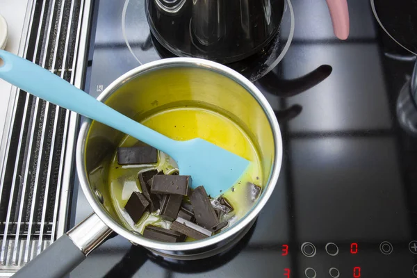 Melting Butter Chocolate Saucepan She Making Birthday Cake Biscuits Chocolate — Stock Photo, Image