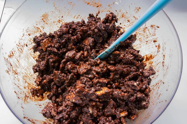 Melting Butter Chocolate Saucepan She Making Birthday Cake Biscuits Chocolate — Stock Photo, Image