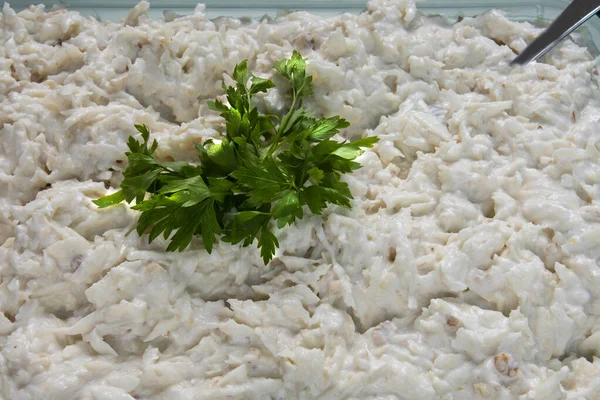 Prepairing Celery Salad Celery Salad Yogurt Garnished Parsley Capia Pepper — Foto Stock