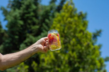 Taze meyve ve sebzelerden yapılan detoks içeceği. Seçici Odaklama Kavanozu