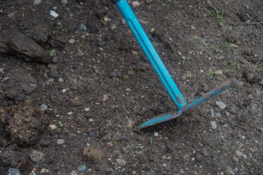 Genç kadın evinin bahçesine ektiği sebzelerin toprağını çapalıyor.