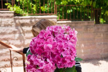 Pembe ortanca çiçekleri düzenleyen kadın.