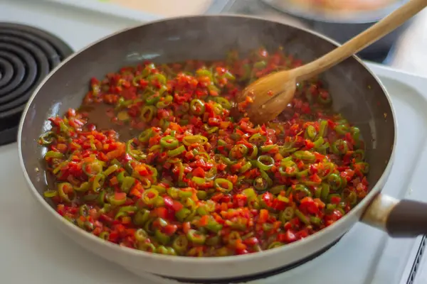 Finely Chopped Tomatoes Peppers Sauted Pan — Stock Photo, Image