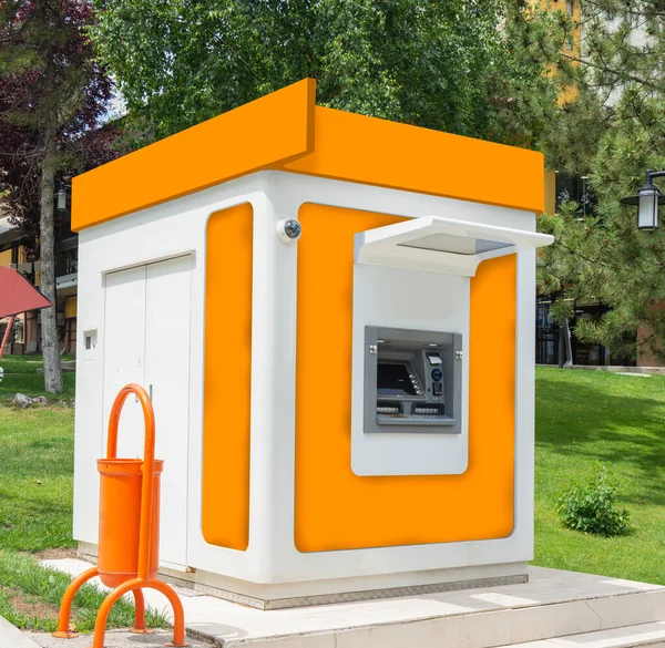 One Cash Machine Atm Dustbin Security Camera Park Orange — Stock Photo, Image