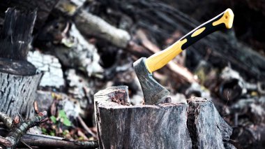 Bir kütüğün içindeki balta. Ahşap bir kütüğe gömülü engebeli bir baltanın yakın plan görüntüsü, ormancılık, işçilik ve doğa faaliyetlerini çağrıştırıyor. Kış için odun hazırlıyorum.