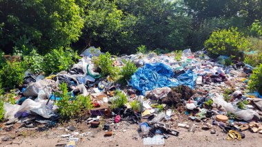 Kyiv, Ukrayna, 16.06.2025. Ormanda çöp yığınları, doğaya rastgele atılanlar. Pis kokulu hurda, plastik torba ve şişeler, doğanın kirli otlarının içindeki çöpler. Ekoloji. Yazı