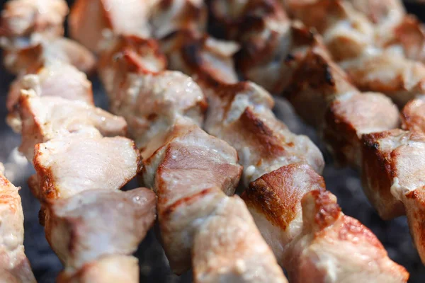 Processo Fritar Carne Porco Grelha Espetos Com Churrasco Foco Seletivo — Fotografia de Stock