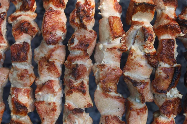 Process Frying Pork Meat Grill Skewers Barbecue Selective Focus Blurred — Stock Photo, Image