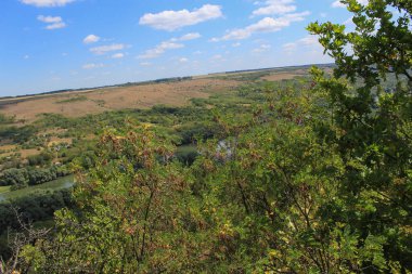 Yürüyüş yapan bir yürüyüşçünün gözlerinden nehrin büyük bir tepenin ya da dağın manzarası. Yeşil orman doğası geçmişi. Seçici odak.