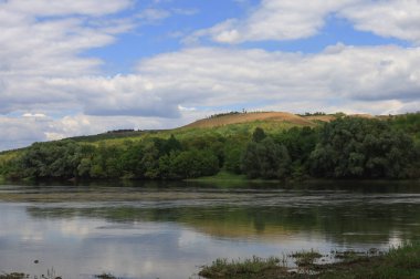 Çok güzel nehir suyu yüzeyi. Doğal yeşil arka plan. Seçici odak