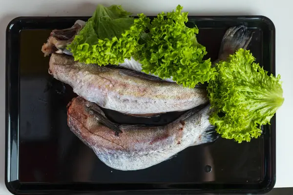 Merluza Pescado Crudo Fondo Culinario Abstracto Cocinar Alimentos Saludables Para —  Fotos de Stock