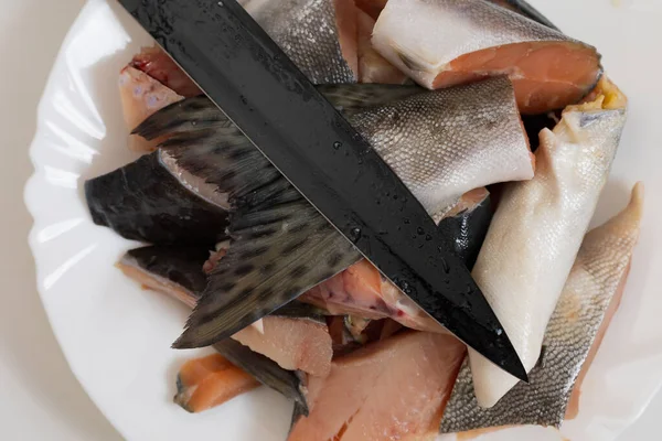 鲑鱼做鱼汤 具有选择性焦点和模糊背景的烹饪背景 — 图库照片