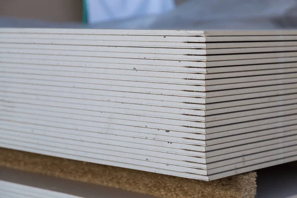 Toptan bir depoda bir yığın alçıpan çarşafı depolanmış. Bulanık arkaplan ile seçici odak, alanın sığ derinliği.