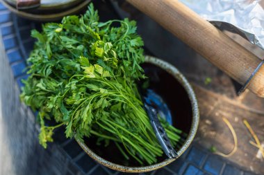 Aşçılık için sebzeli soyut evrensel illüstrasyon. Bulanık arkaplan ile seçmeli odak