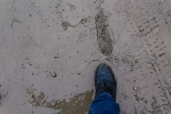 Boue Flaques Eau Par Mauvais Temps Difficultés Des Piétons Milieu — Photo