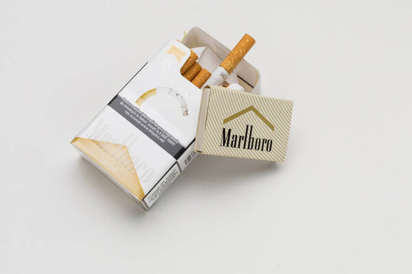 January 8, 2020 Balti Moldova a pack of Marlboro cigarettes on a light background. Illustrative editorial.