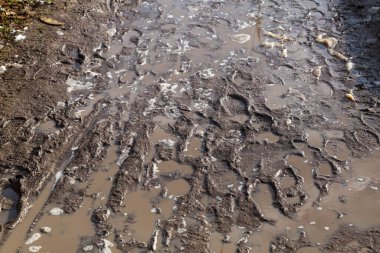 Su birikintileri ve ayak izleri olan çok kirli bir yaya bölgesi. Geçmişi. Köy yolunun ıslak toprağı. Yerel sakinlerin sorunları