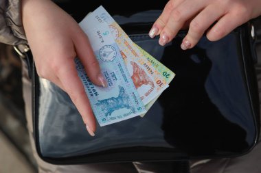 Kadın eli ve gagası. Moldovan lei. MDL para birimi. Mali yardım kavramı