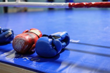 11 Ocak 2021 'de Balti Moldova boks ve dövüş sanatları teması üzerine soyut bir arka plan oluşturdu. İllüstrasyon başyazısı. Seçici odak ve bulanık arkaplan ile odaklanmış boks eldivenleri