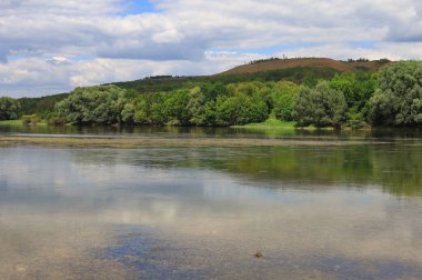 Çok güzel nehir suyu yüzeyi. Doğal yeşil arka plan. Seçici odak