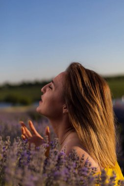 Lavanta tarlasında kadın portresi. Seçici odak, bulanık arkaplan, ton