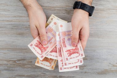 Moldova parasıyla çalışan bir adam. MDL Moldova Lei. Masraflar ve gelir temasının soyut bir özeti. Bütçe