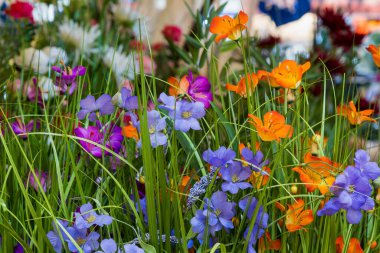 Yapay çiçekler. Dekorasyon ve iç tasarım için aksesuarlar veya nitelikler. Bulanık arkaplan ve kopyalama alanı ile seçmeli odak.