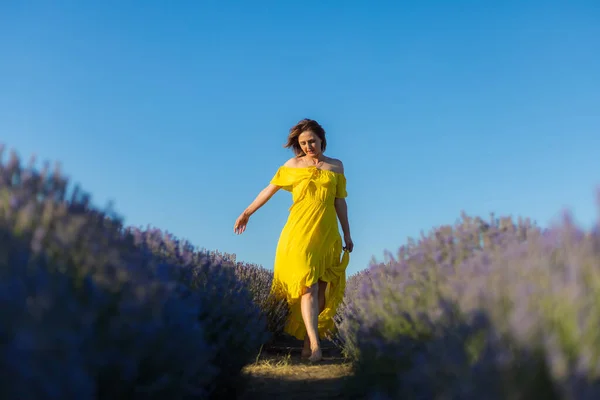 Beautiful Pretty Young Woman Yellow Dress Relaxes Enjoys Walk Lavender — Stock Photo, Image