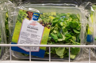 22 Nisan 2021 Beltsy Moldova malları pazar rafında. Süpermarket vitrini. İllüstrasyon başyazısı. Şeffaf ambalajlı salatalar için doğal taze otlar.