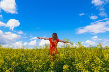 Renkli elbiseli, parlak sarı arka planda, çiçek açan kolza tohumu tarlasında genç, güzel bir kadın. Özgürlük kavramı