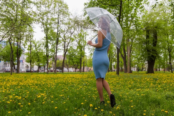 Young Woman Transparent Umbrella Blurred Background City Park Copy Space — Stock Photo, Image