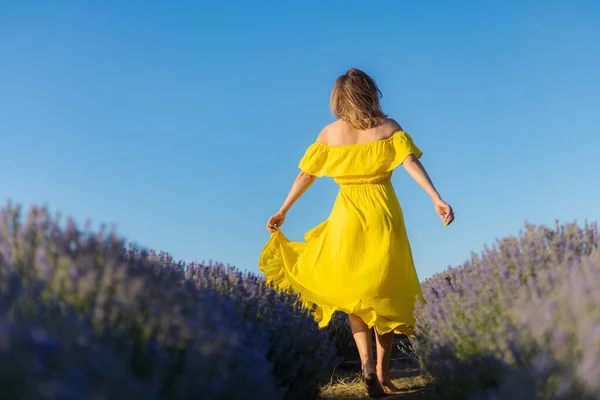 Beautiful Pretty Young Woman Yellow Dress Relaxes Enjoys Walk Lavender — Stock Photo, Image