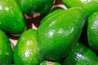 Avokado yakın plan, seçici odaklı arka plan. Bir süpermarkette mallar.