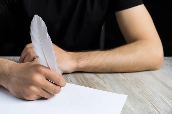 Male Hand Goose Feather Poetry Journalism Symbol Concept Writing Texts — Stock Photo, Image