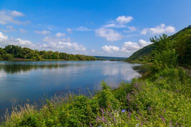 Geniş nehir. Metin veya harfler için kopya alanı olan Doğu Avrupa arka planı. Balık tutmak ve rafting yapmak için ideal. Bir turistin gözlerinden bak.