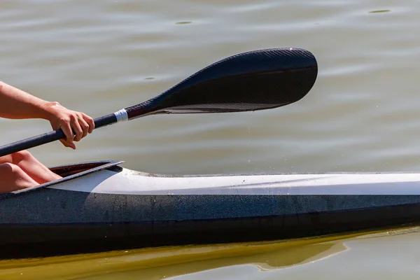 Paddle Hand Man Kayak River Background Copy Space Text Amateur — Stock Photo, Image