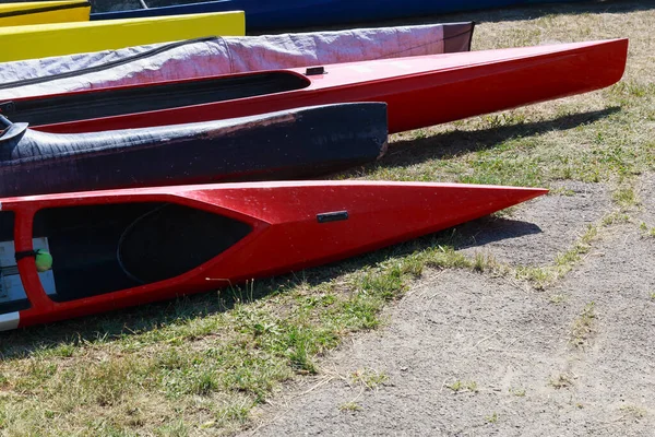 Bow Kayak Land Halt Background Copy Space Text Amateur Rafting — Stock Photo, Image