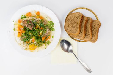 Çorbadan bir porsiyon. Metin için kopyalama alanı olan soyut mutfak arkaplanı.