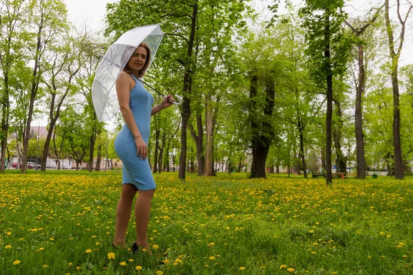 Young Woman Transparent Umbrella Blurred Background City Park Copy Space — Stock Photo, Image