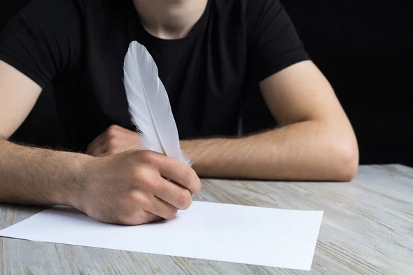 Male Hand Goose Feather Poetry Journalism Symbol Concept Writing Texts — Stock Photo, Image