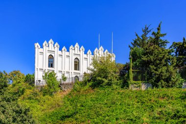 Gothic revival church on hilltop with blue sky background and lush greenery.