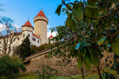 Yeşil ve mavi gökyüzünün ortasında kuleleri olan görkemli ortaçağ taş kalesi.