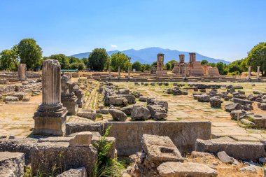 Bir sürü taş kalıntısı ve arka planda bir dağ olan geniş bir açık alan. Harabeler tarlaya saçıldı. Sahne tarihin bir parçasıdır. Yunanistan 'ın antik Filippi kentinin kalıntıları